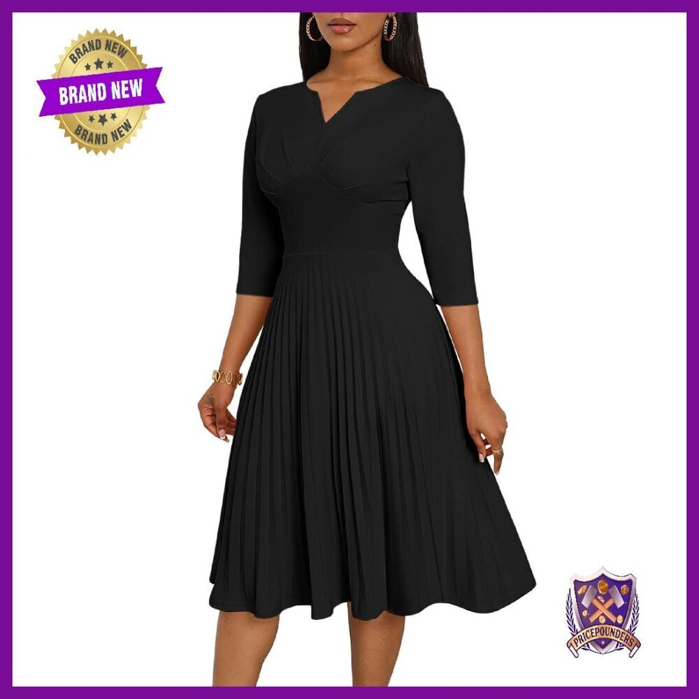 Midi Dress 3/4 Sleeve V Neck Pleated A Line Cocktail Wedding Guest